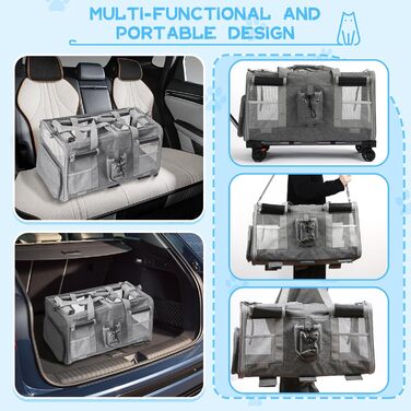 Велика переноска для тварин з двома відділеннями та колесами для кота/собаки, знімна складана переноска для 2 котів до 20 кг, вентильована переноска-рюкзак для котів для подорожей/походів/кемпінгу