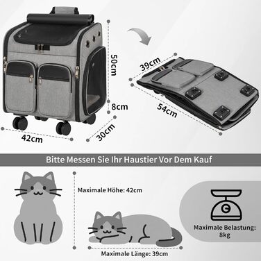 Рюкзак-переноска для кота OUUTMEE з телескопічною ручкою (до 20 кг), сірий, багатофункціональний, дихаючий