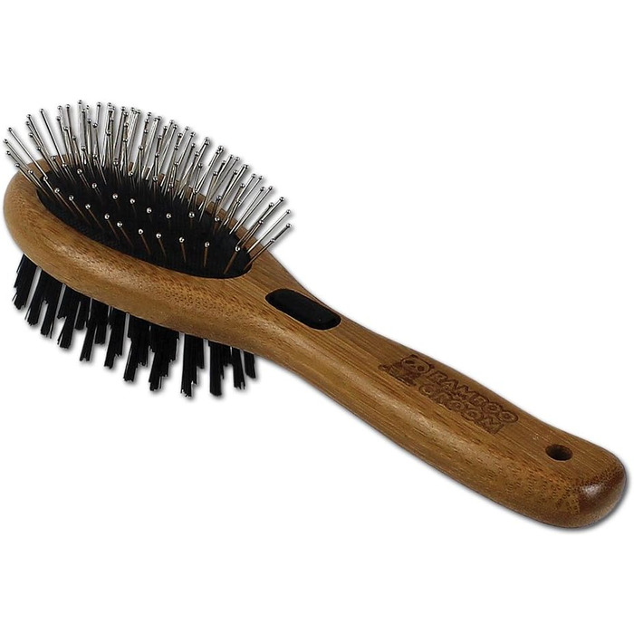 Набір гребінців Bamboo Groom S/M: подвійний гребінець для короткого та середнього хутра котів та собак. М'яка щітка з закругленими шпильками та щетиною дикого кабана для догляду за шерстю.