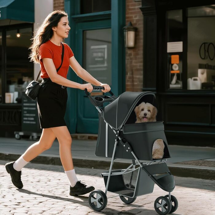 Візок для тварин: для собак та котів, 3 колеса, складаний, з кошиком та тримачем для напоїв, карбоновий чорний