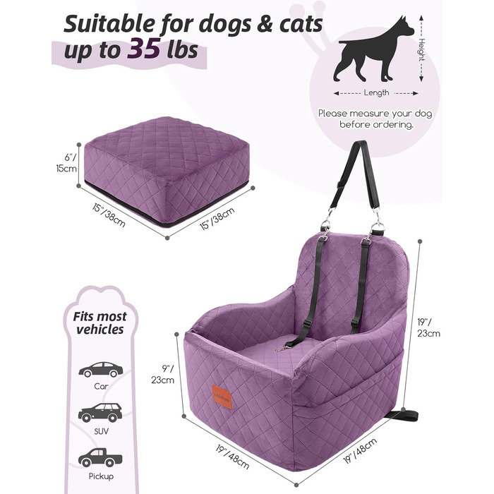 Автокрісло для собак маленьких та середніх порід, м'яке переноське автокрісло для цуценят з піднятим подушкою, повністю знімний та пральний автокрісло для домашніх тварин з 2 собачими повірцями (Purple, Medium)