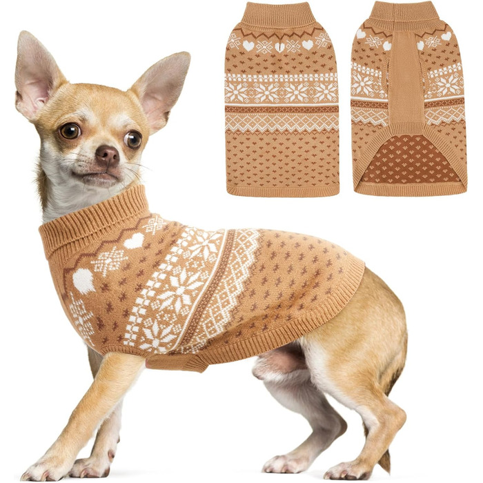 Светр для собак SCENEREAL: теплий, м'який, з ролкрагом, для великих, середніх та маленьких собак, з візерунком сніжинок, хакі, розмір XS (обхват грудей 15-16 дюймів)
