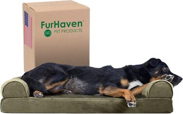 Велике ортопедичне ліжко для собак Furhaven з пам’ятною піною, штучне хутро та оксамит, диван-форма, знімний чохол, темно-зелений