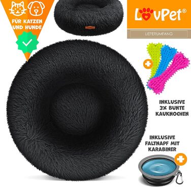 Ліжко-лежак для собак і котів Lovpet Bagel 3XL, 100 см, плюшеве, кругле, темно-синє, з мискою та 3 кісточками, м'яка подушка для малих, середніх і великих тварин, пране