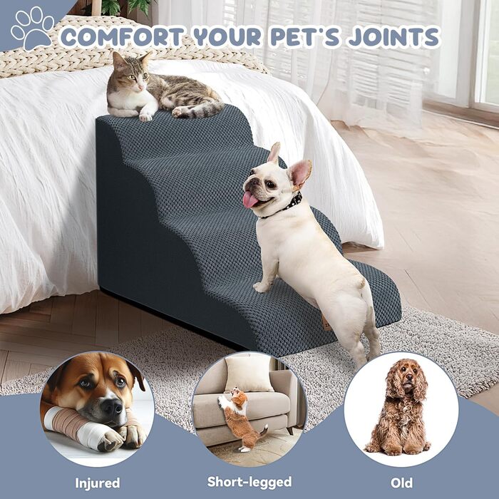 Сходинки для собак 4-х ступінчасті для ліжка, 50,8 см, вигнута сходинка для літніх/поранених собак, котів, для ліжка, стільця або дивану, преміум-піна, антиковзаюча рамка для собак