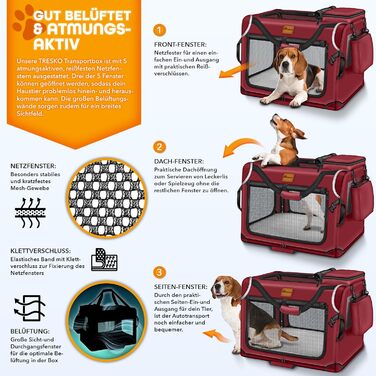 Трейвел-бокс для собак та котів TRESKO® S 50x34x34cm | Розкладний, з підкладкою, лопаткою та світловідбивачами | Для маленьких та великих собак | Червоний