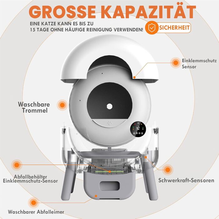 Автоматичний лоток для котів з самоочищенням, 100л, з керуванням через додаток, захист від защемлення, знімний контейнер для сміття, для кількох котів