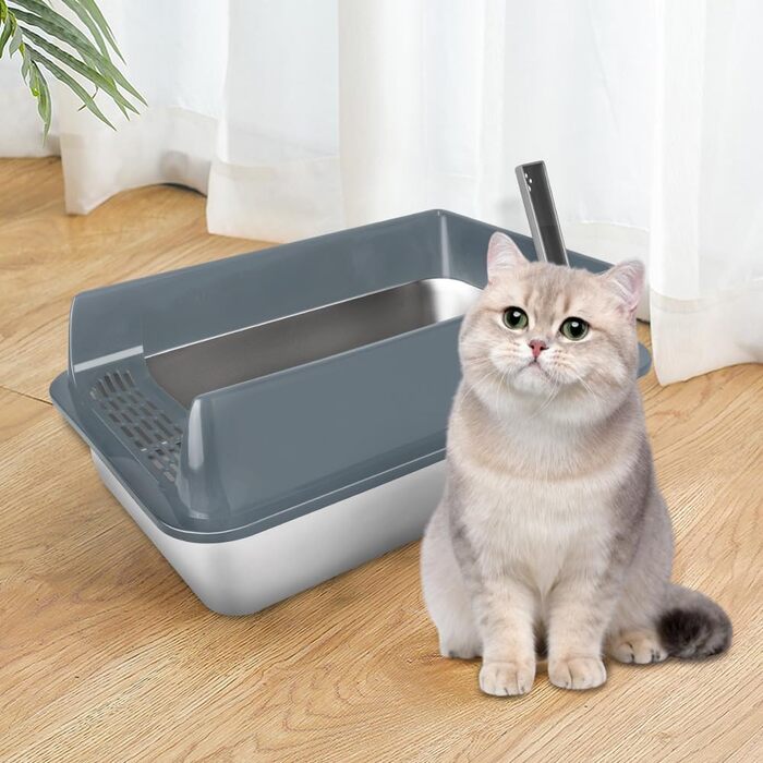 Котлочистка з нержавіючої сталі Katzenklo Edelstahl XL, велика місткість, з високим бортиком, стійка до запахів, з лопаткою та антиковзною підкладкою (сірий, 50x35x24см, XL)