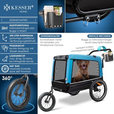 KESSER Причіп-візок для собак Boxer 3в1, велосипедний, великий, 240 л, 600D Оксфорд, амортизований, до 40 кг, з підстаканником