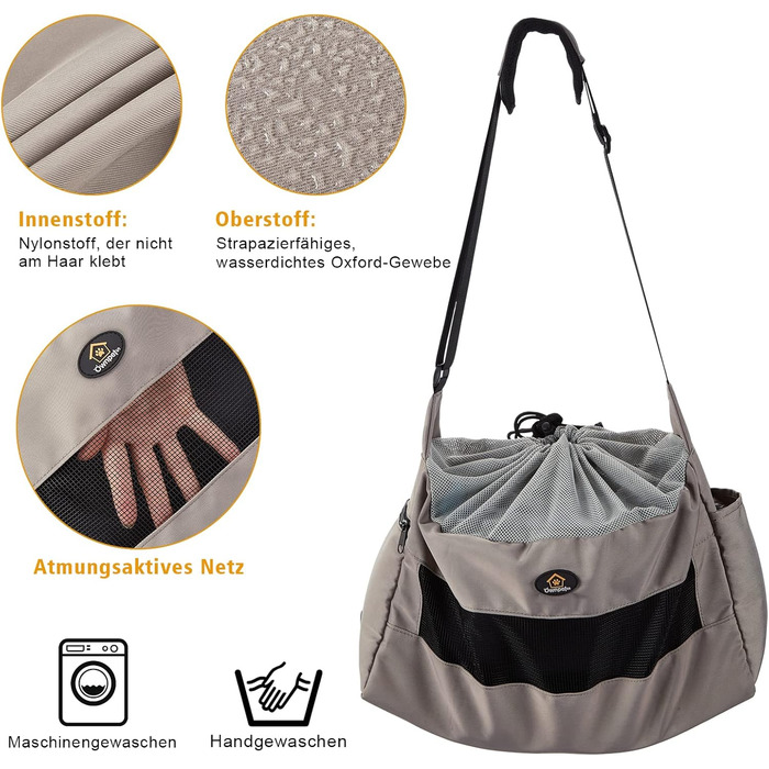 Сумка-переноска для собак Ownpets, сіра, до 6 кг, з регульованим ременем та кишенями, 42x25x14 см