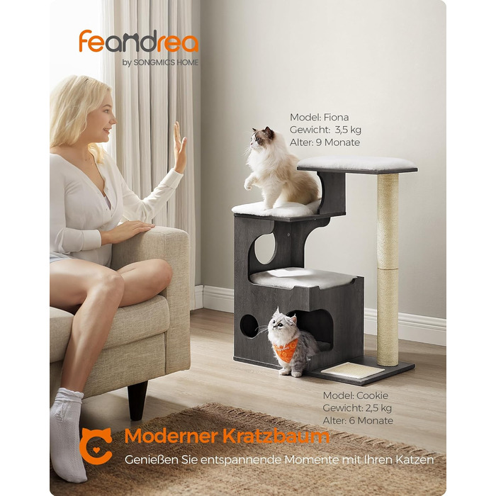 Котячий комплекс Feandrea 86 см, когтеточка з ДСП, з ігровою будкою, лежанками, стовпчиком і сизалевим килимком, знімні плюшеві подушки, сірий