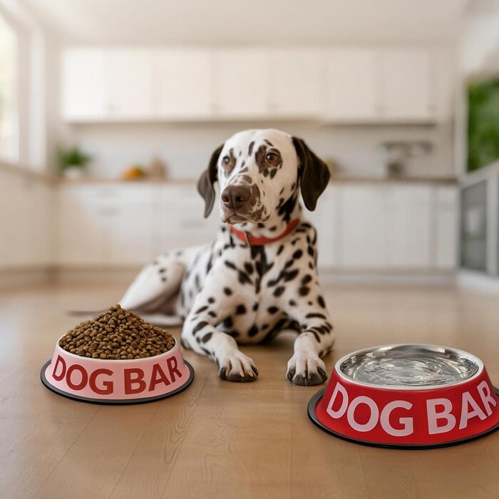 Подвійний набір мисок для собак Fisura Dog Bar з нержавіючої сталі, 500 мл + 1000 мл, рожевий та червоний, антиковзні