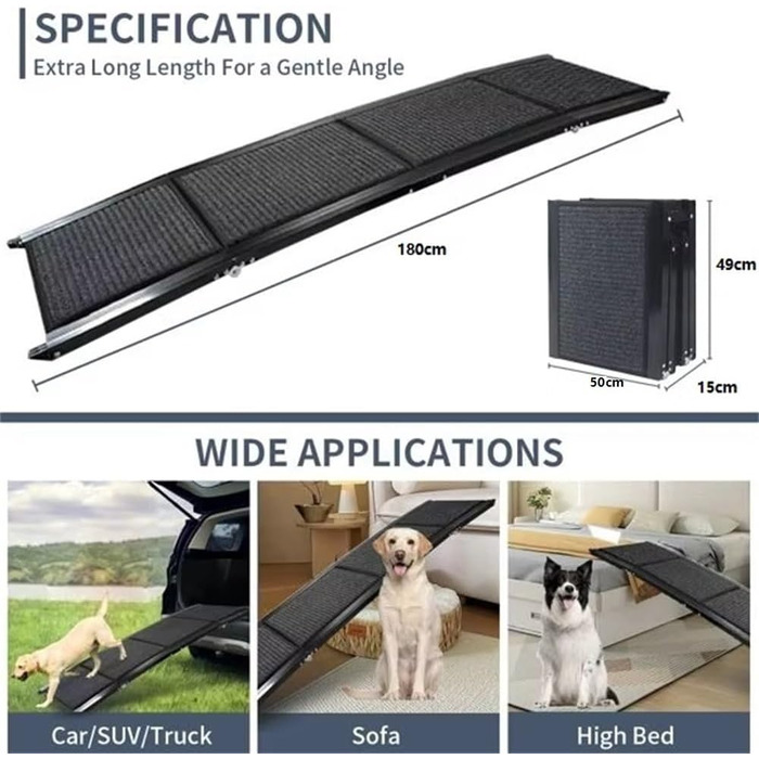 Рампа для собак 180 см, автоматичне складання, з антиковзким покриттям, для авто, позашляховиків та вантажівок, підходить для великих та середніх собак до 95 кг