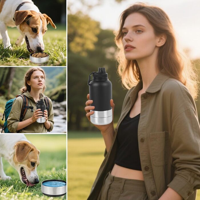 Водяна пляшка для собак на 950 мл з мисками для їжі та води, 4 в 1, з нержавіючої сталі, без BPA