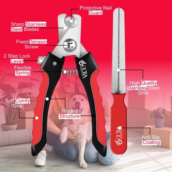 Кліпер для нігтів собак OCBA з захистом від перерізання та пилочкою, професійний, для всіх порід, також для котів та кроликів, червоний/чорний, маленький