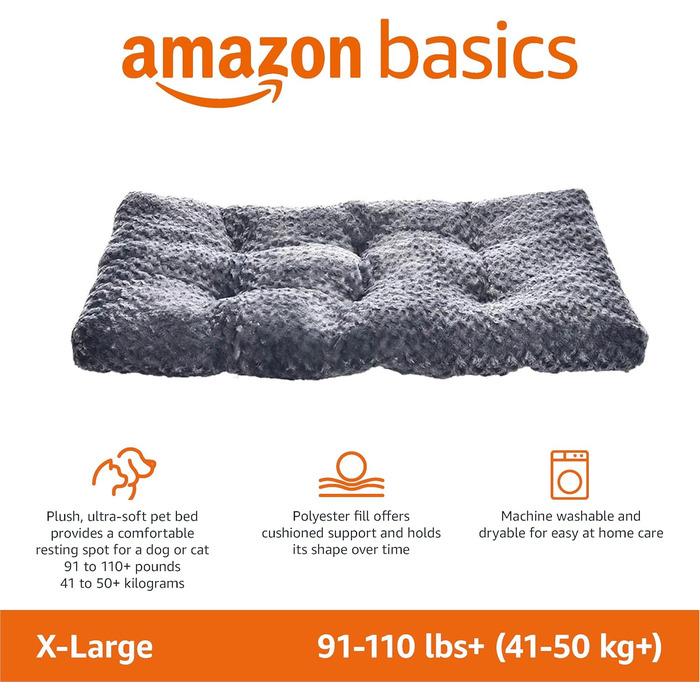 Лежак для собак Amazon Basics, поліестер, машинне прання, сірий, 117x74x10 см
