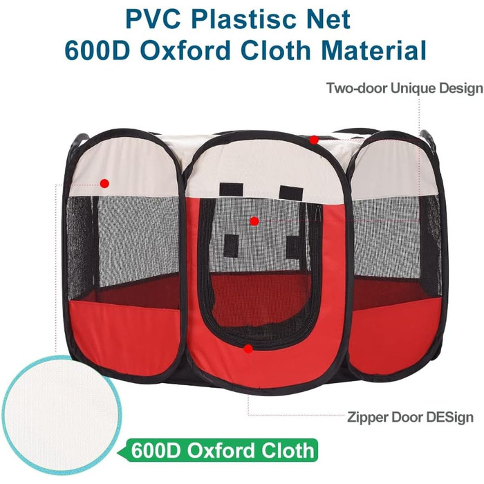 Клітка-манеж для тварин XhuangTech: собаки, коти, цуценята, 80x80x58.4 см, м'який матеріал, портативна, складна, для дому та вулиці, бежево-червона