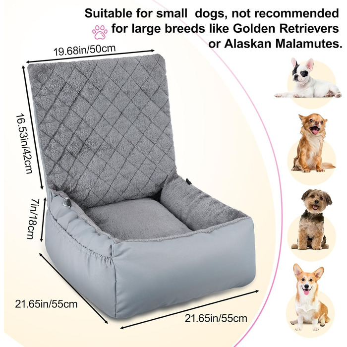 Автокрісло для собак SIVEIS – м'яке ліжко з кишенькою, для собак малого та середнього розміру, з ременем безпеки (02-Сіро-блакитний)