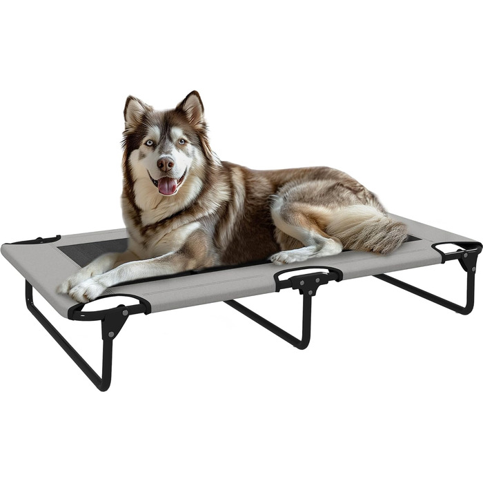 PawHut Лежанка для собак на вулицю, піднята лежанка для великих собак, складана, з металевим каркасом та сіткою, для відпочинку на вулиці та кемпінгу, 107x61x20 см, світло-сіра