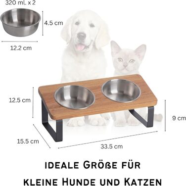Підвищена годівниця для котів та маленьких собак з кераміки та дерева (Акація - Нержавіюча сталь)