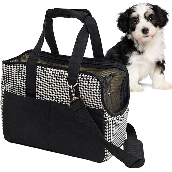 Чорна сумка-переноска для тварин з бавовняного канвасу, зручна для подорожей, з блискавкою