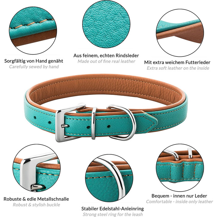 Шкіряне нашийник для собак Fun Line - великий, середній та маленький розмір - м'який та міцний (M, 28-36 см, Турквіз-Коричневий)