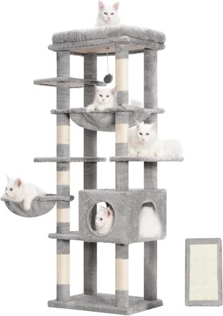 Багатоярусний котячий будиночок Hey-brother Kratzbaum з лежаком, гамаком та котячим будиночком, 145 см, сірий EMPJ057W
