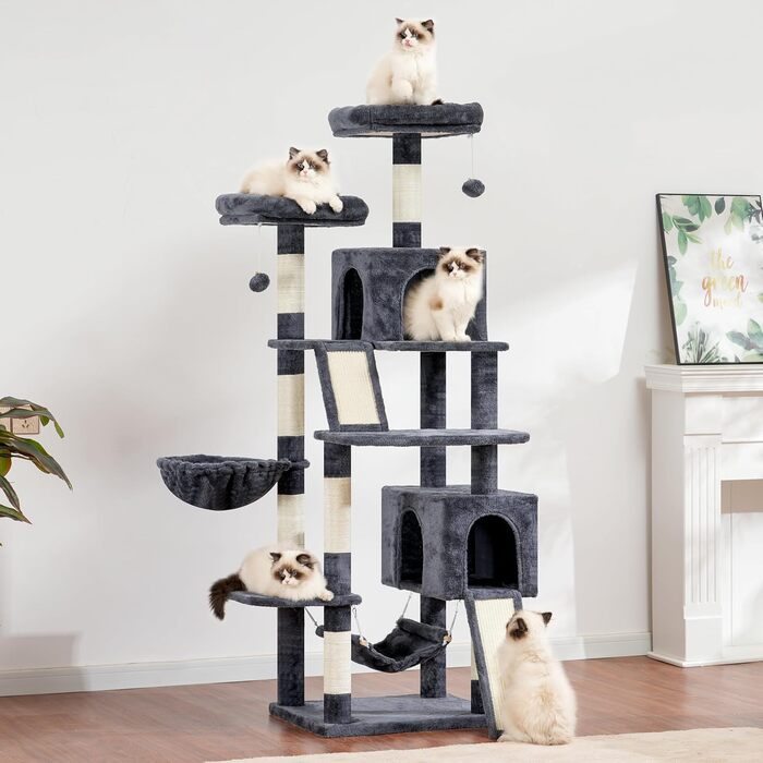 Комплекс для котів Kratzbaum GCT032W (180 см, димчасто-сірий) з 7 стовпчиками, 2 платформами, 2 печерами та 2 дошками для дряпання