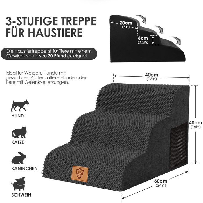 Сходинка для собак Myiosus – 3 ступені, для малих собак, з високощільним губчатим матеріалом, портативна, знімний та миючий чохол, антиковзаюча, чорна