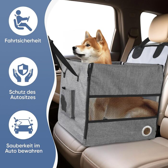 Автокрісло для собак 44x40x40 см – міцне автокрісло з ременем безпеки та сіткою – складний собачий кошик для заднього сидіння авто для маленьких та середніх собак, водонепроникне та зручне