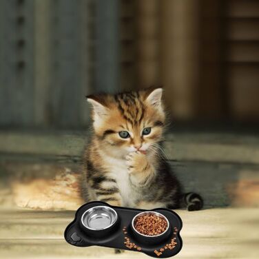 Набори мисок для собак та котів з нержавіючої сталі з силіконовим килимком, чорного кольору