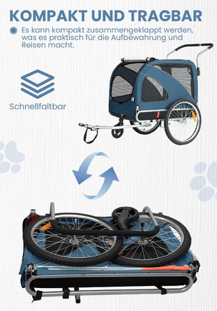 SEPNINE® Причіп для собак XL 2-в-1, велосипедний та візок для собак до 40 кг, складний з гальмами та зчіпним пристроєм, для середніх та великих собак – блакитний