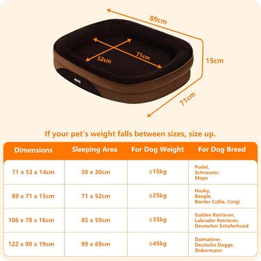 Ортопедичне ліжко для собак, ліжко-софа для собак з підголовником, кошик для собак з неслизьким дном, знімний та пральний, для маленьких та середніх собак, 90 x 71 x 15 см, коричневий