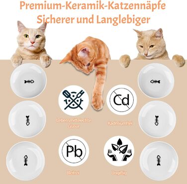 Набір мисок для котів CROUTE (6 шт.) - керамічні, плоскі, анти-високочування, білий (візерунок 'Рибка')