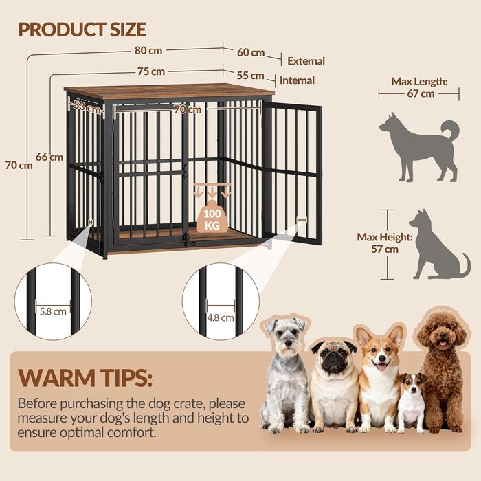 Будиночок для собак 100 см, дерев'яна собача клітка з 3 дверима, вінтажний коричневий, для середніх та великих порід, 100x60x70 см