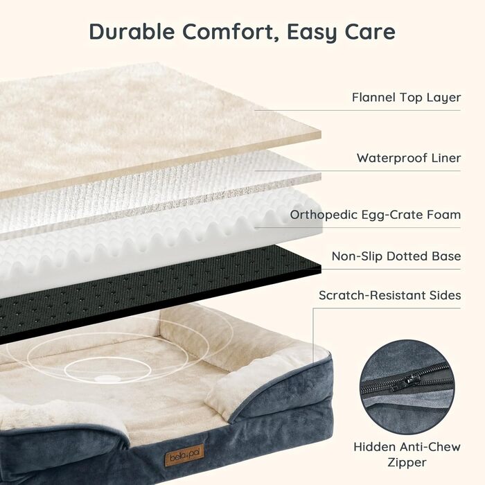 Ортопедичне ліжко для собак BELLA & PAL, 71x59 см - зручне собаче ліжко з ефектом пам'яті, водовідштовхувальний вкладиш, знімний фланелевий чохол, неслизьке дно, сіре