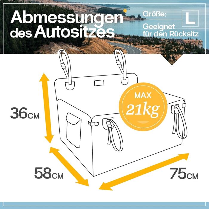 Автокрісло для собак PETPROVED - водонепроникний кошик для середніх собак, 21 кг, 75x58x36 см