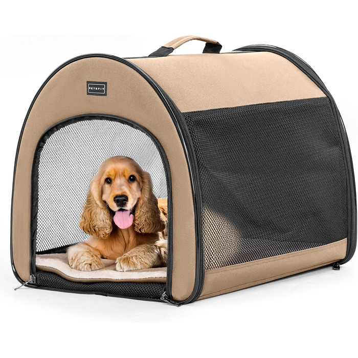Складана переносна собача клітка Petsfit M, дихаюча, з вигнутим дизайном, антивідкривним замком і плюшевою подушкою, колір хакі, для дому