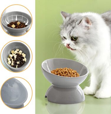 Підвищені годівниці для котів 2 шт. - керамічні миски для корму з захистом від перекидання, білі та сірі