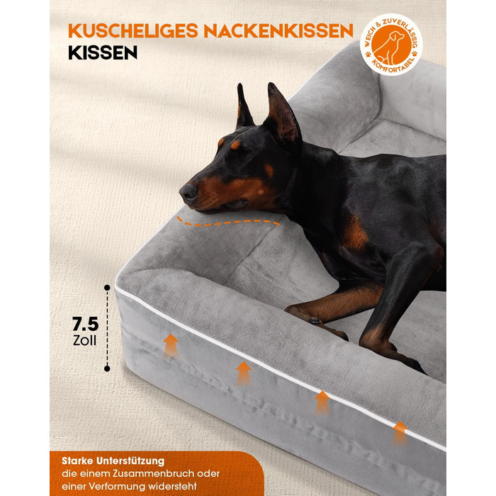 Ортопедичне ліжко для собак XL, корзина для собак, що можна прати, з піною у формі яйця, вологостійкий диван для собак з неслизьким дном та чотиристоронньою подушкою (світло-сірий, 117x76x19 см)