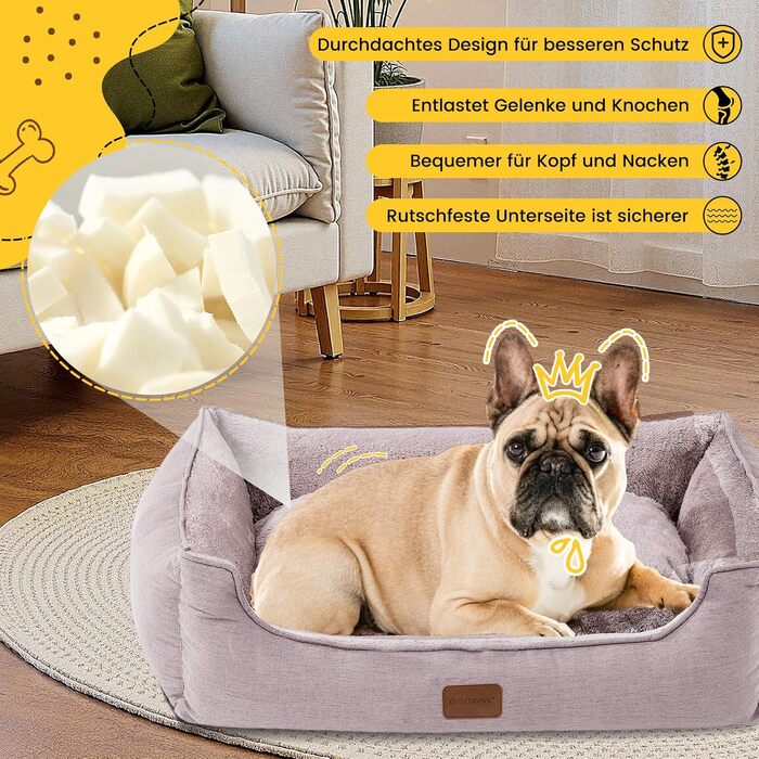 Ортопедичне ліжко для собак середніх та великих порід, 73x59x18 см, м'яке та зручне, кошик для собак з високим бортиком, знімний та пральний чохол, неслизьке, хакі, для дому/автомобіля