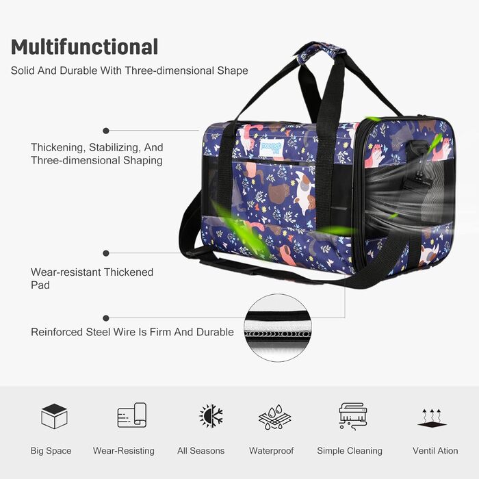PETCUTE Транспортна сумка для котів та собак, складана, з плечовим ременем, схвалена авіакомпаніями, дихаюча, знімний килимок, M, Marineblau (Морський блакитний)