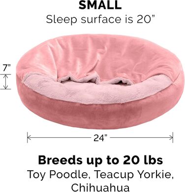 Кругла лежанка для собак Furhaven Donut з капюшоном, рожевий колір, розмір Small (61x61x18 см), плюш, вельвет, для заспокоєння, миється
