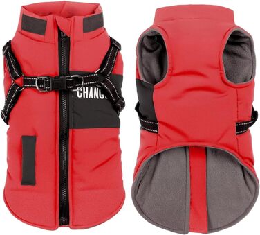 Тепла зимова куртка для собак середніх та маленьких порід, вітронепроникна, з шлейкою, для активного відпочинку та катання на лижах (червона, розмір S)