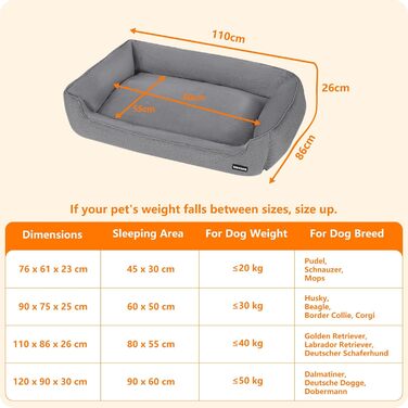 Ліжко для собак, м'яке, знімний чохол, світло-сірий колір, 110 x 86 x 26 см