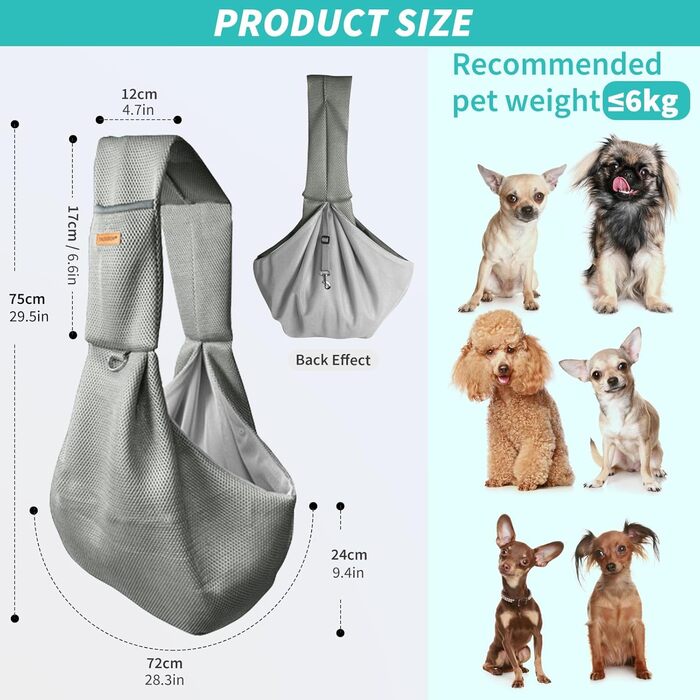 PETCUTE Сумка-переноска для собак, сіра, до 6 кг, з ременем безпеки