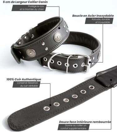 Нашийник для собак з натуральної шкіри, 5 см, чорний, розмір M (46.5-57.5 см)