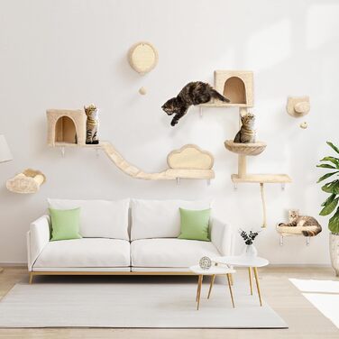 Комплекс для котів BYBYME з гамаком, ліжком та полицями, 6шт. Міцні меблі для котів з плюшевою стійкою, когтеточкою та сизалевими стовпчиками (Бежевий)