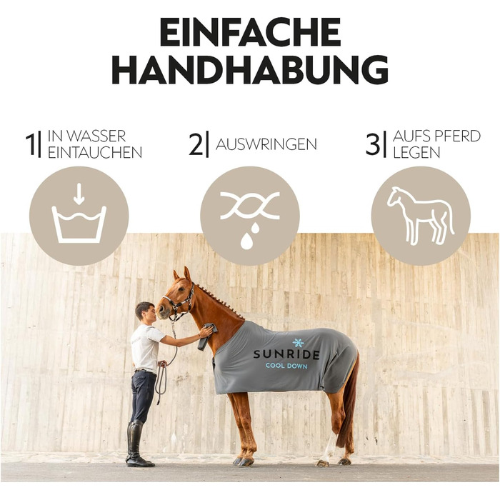 Охладна ковдра SUNRIDE для коней (Cool Down) 3-частинна - з накидкою на голову та тканиною - миттєвий охолоджуючий ефект завдяки випарній прохолоді - екологічна, проста у використанні - сіра (125 см)