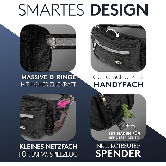 PAWZONE Сумка для корму для собак - Поясна сумка для ласощів для собак - Аксесуар для собак - Сумка для ласощів для собак - З відбиваючим шнуром та додатковим ремінцем для FlexiLeine (Чорний)